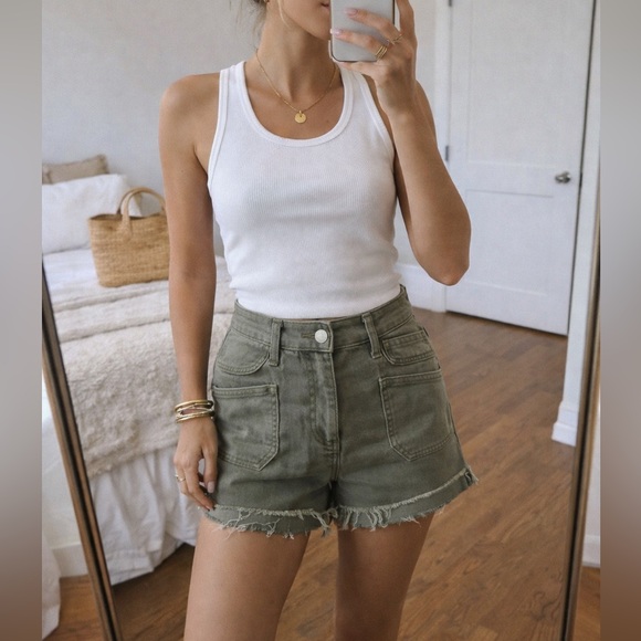 PAIGE Pants - PAIGE Olive Denim cargo Shorts – Raw Hem – Size 25